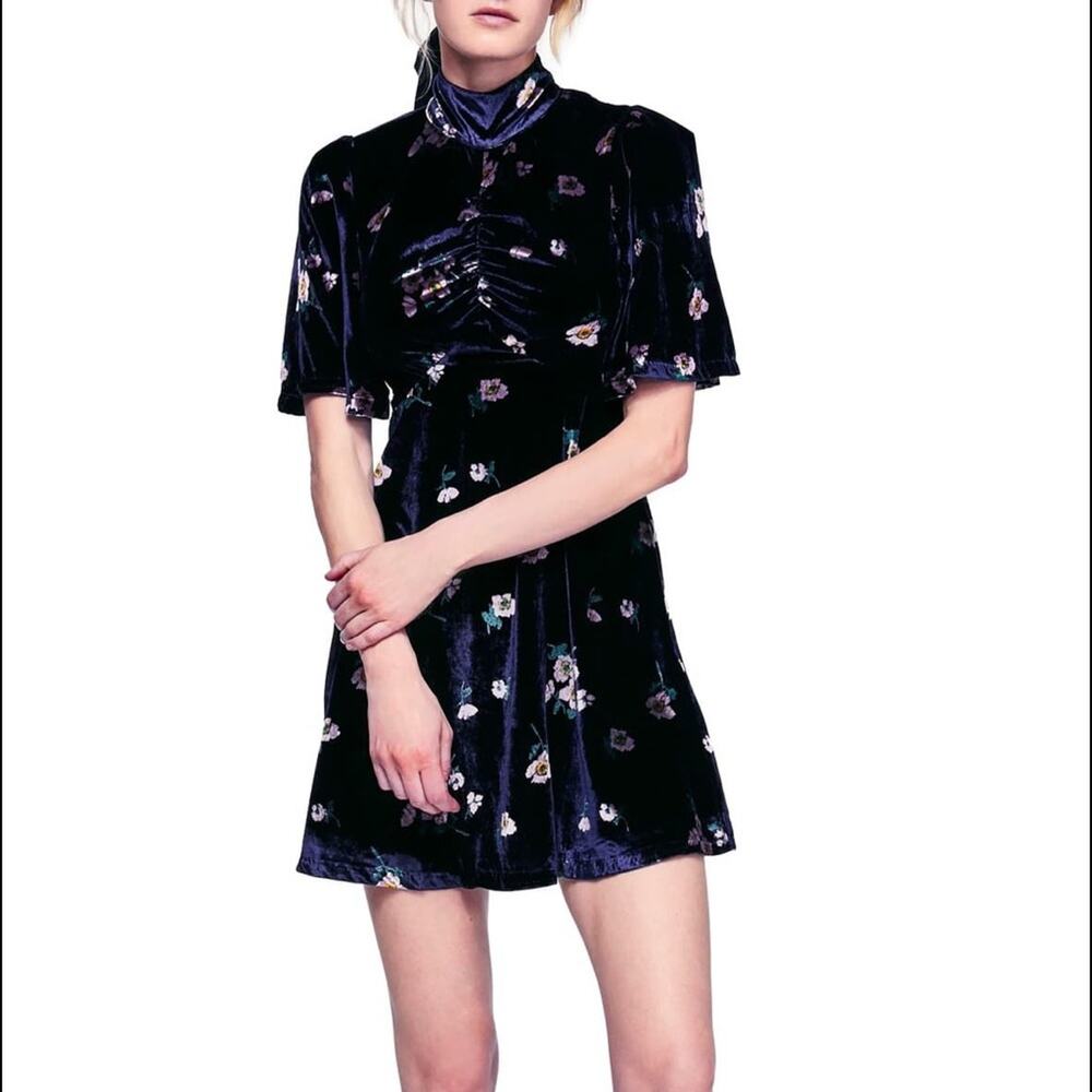 FREE PEOPLE Womens Be My Baby Navy Blue Velvet Mini Button Back Dress Size 2/XS - Picture 7 of 15